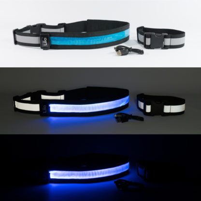 Liio Standard Blue: LED USB rechargeable illuminating reflective modular strap/band system